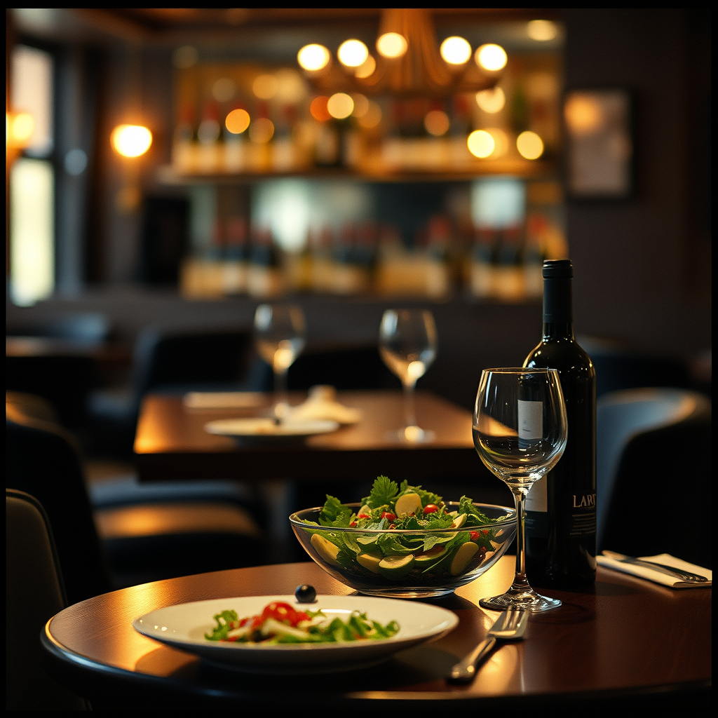 une table dans un bar avec une ambiance élégante, couleur prédominante : noir et doré, avec une assiette de salade et en fond des bouteilles de vin